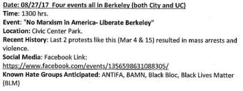 A screenshot from a State Terror Threat Assessment Center email with the quote "Hate Groups Anticipated: ANTIFA, BAMN, Black Bloc, Black Lives Matter"