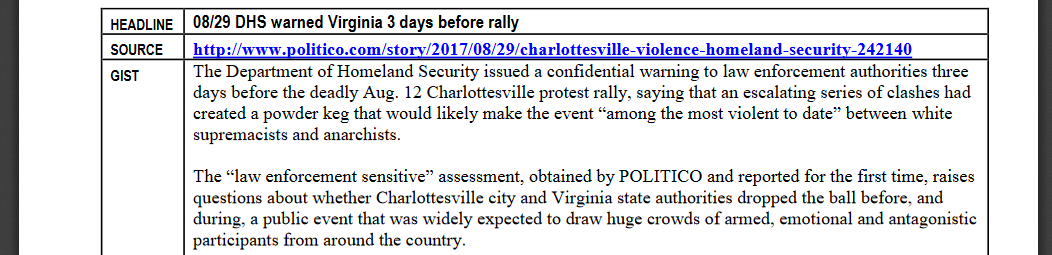 A screenshot from InFOCUS summarizing a Politico article about Charlottesville