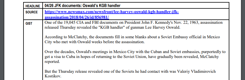 An screenshot from InFOCUS summarizing a Newsmax article about Lee Harvey Oswald's supposed connections to the KGB