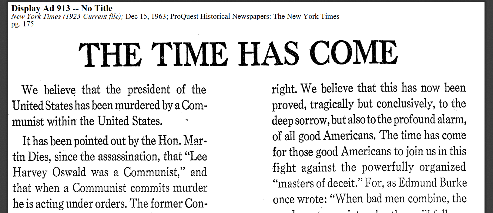 An screenshot of a John Birch Society ad in the New York Times