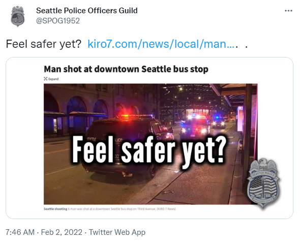 Tweet from @SPOG1952 reads "Feel safer yet?"